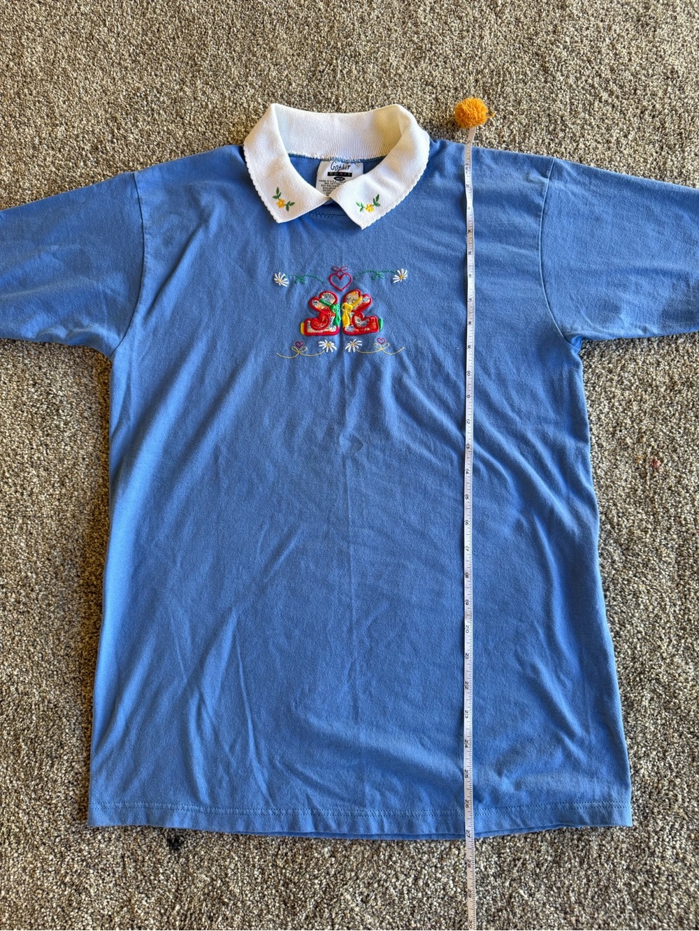 Blue Embroidered Polo Top with White Collar